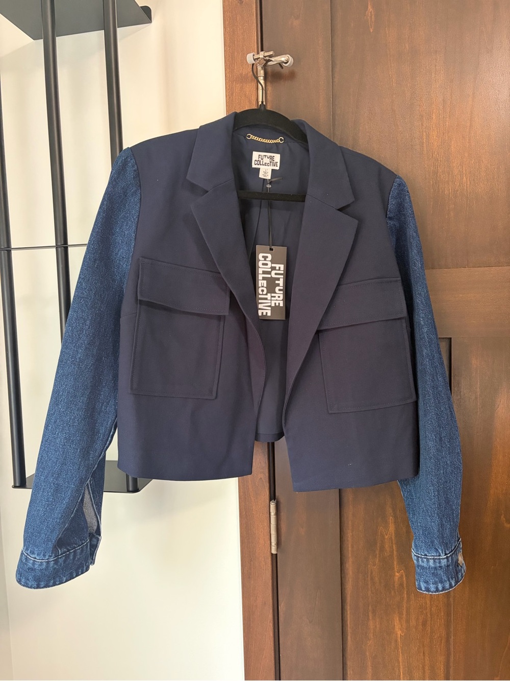 Women's Navy Jacket with Denim Sleeves